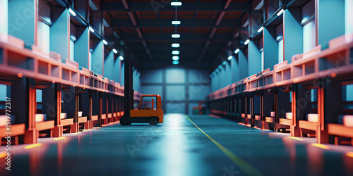 Empty assembly line in once busy Chinese factory, illuminated by overhead lights, with single forklift parked in spacious industrial warehouse, evoking quiet, abandoned mood