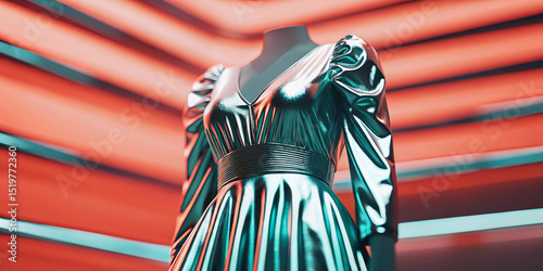 Elegant silver dress with metallic reflections, featuring puffed sleeves and fitted waist, displayed on mannequin against vibrant, modern background