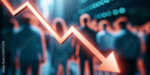 Red downward arrow with sharp drop over blurred crowd, symbolizing economic decline, financial crisis, or recession, with anxious atmosphere and urban background