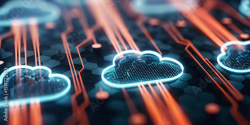 Futuristic cloud network with secure data flow, digital connection, glowing lines, and hexagonal pattern, representing modern technology and innovation