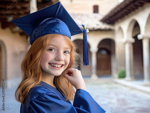 Happy Young Girl with Red Hair and Freckles in Graduation Cap and Gown