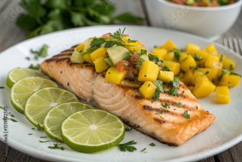 Grilled salmon with mango salsa, lime wedges, and fresh herbs on white plate, healthy and vibrant meal, garnished with parsley, perfect for summer dining