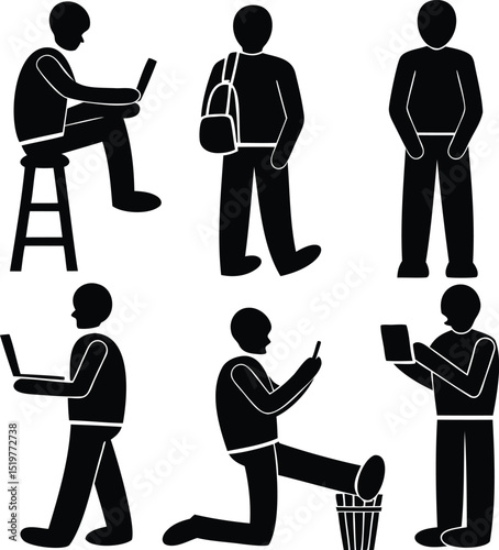Vector silhouettes of men performing daily activities including working on laptops, walking with backpack, using mobile phone, standing, and reading, isolated on white background