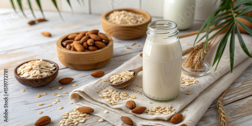 Homemade plant based milk in glass jar with almonds, oats, and sesame seeds on rustic wooden table, healthy vegan dairy alternative, natural light