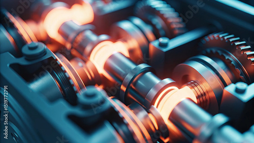 Hyperdetailed cad model of complex mechanical assembly camshaft gear engine metal industrial technology engineering precision glowing This hyperdetailed CAD model of complex mechanical assembly