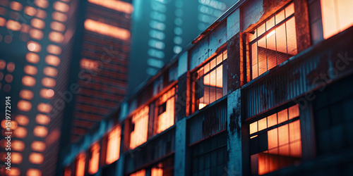 Rusting old factory with glowing windows stands in contrast to modern skyscrapers in background, creating urban industrial atmosphere with warm lighting and dramatic mood