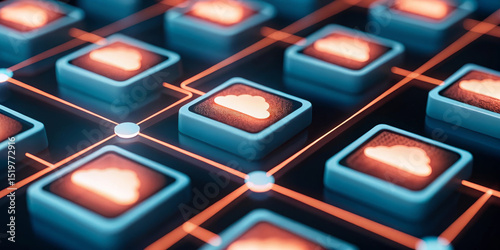 Cloud computing, serverless technology, and digital network concept with glowing cloud icons on interconnected blocks, representing modern data infrastructure and futuristic innovation