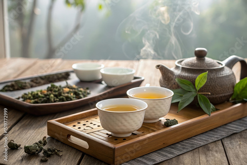 Traditional Chinese tea set with steaming oolong tea, ceramic teapot, and cups on wooden tray, surrounded by loose tea leaves, creating calm and peaceful atmosphere