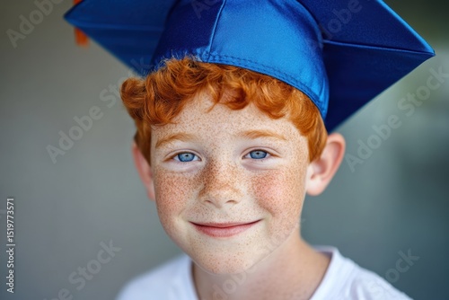 Happy Young Boy with Red Hair and Freckles Wearing Graduation Cap