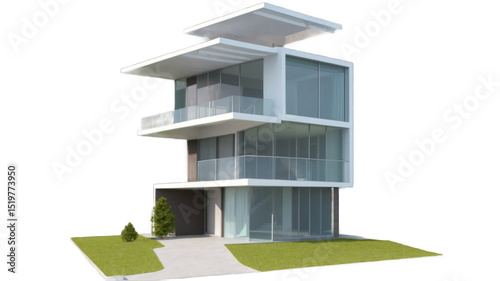 Modern architectural design of a three-story building.