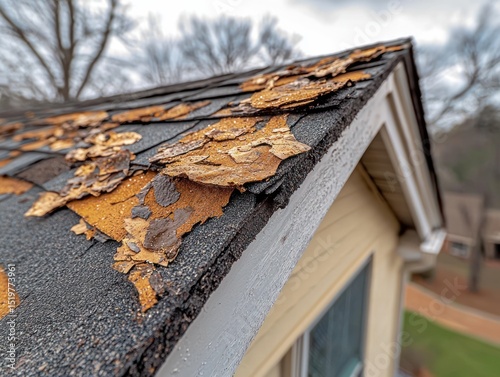 Damaged asphalt shingles on a house's roof