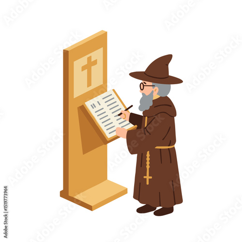 Monastic man writing in a book beside a cross during the Renaissance  on transparent background