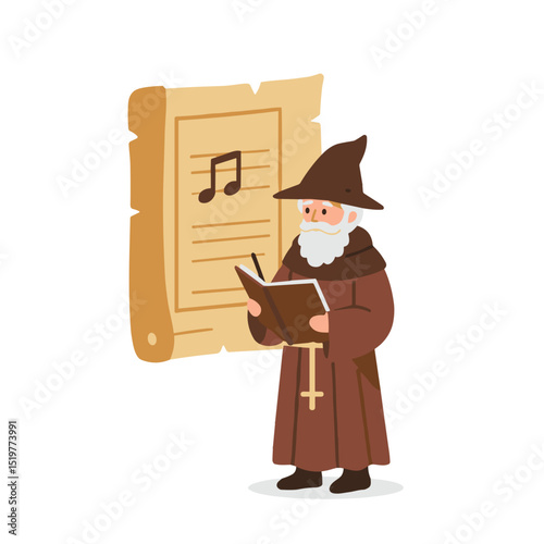 Elderly monk reading sheet music next to a scroll with notes  on transparent background