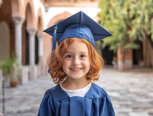 Happy Young Girl with Red Hair and Freckles in Graduation Cap and Gown