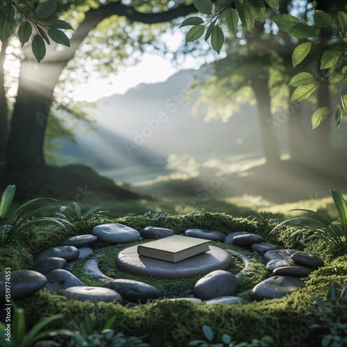 a book on Stones in a Serene Mossy Landscape with Misty Mountain Valley photo