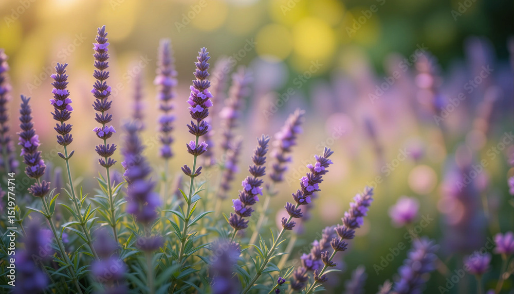 Obraz premium Fine lavender plants in full bloom on dreamy nature backdrop, wide banner format