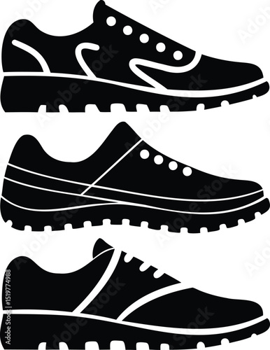 Set of three black sport sneaker silhouettes isolated on white background, vector shoe icons for athletic footwear, running, walking or fitness design illustration elements