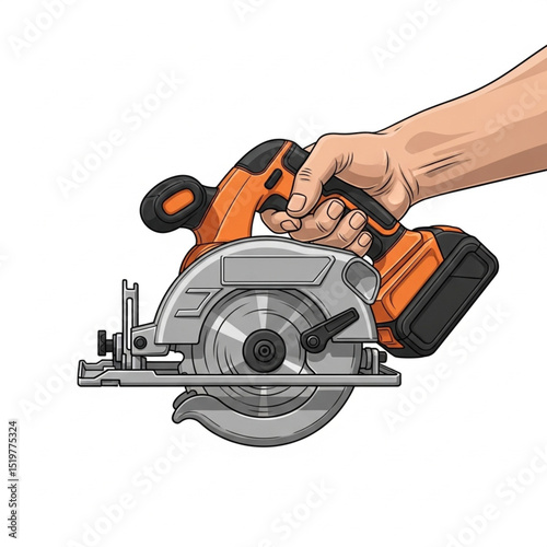  Vector illustration of handyman holding cordless circular power saw on white background