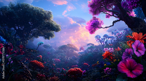Colorful Pixel Art Fantasy Forest at Sunset