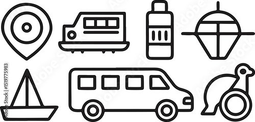 Classic cartoon vector icons set of transportation vehicles and auto service signs