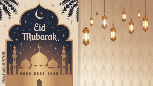 Eid Mubarak Celebration: Mosque Silhouette and Festive Lanterns