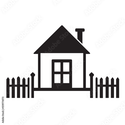 Simple black silhouette of house with picket fence icon