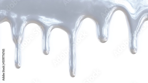 Chrome white paint drip effect with smooth glossy texture flowing vertically from top. Metallic sheen and fluid curves on clean white background