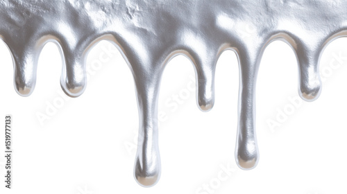 Chrome metallic paint dripping from top on clean background with smooth glossy texture and fluid shapes. Abstract macro detail for futuristic digital artwork.
