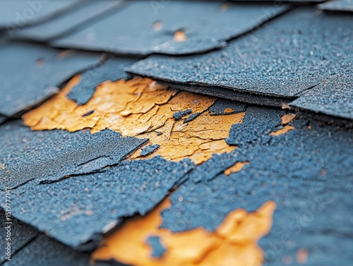 Peeling paint on dark grey roofing shingles