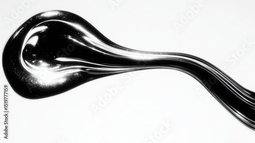 Black chrome liquid paint in dynamic stretched motion. Glossy surface with reflective highlights and sparkles on smooth white background. Abstract fluid metallic texture