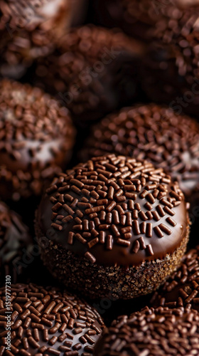 Vertical close-up of Brigadeiro, highlighting the glossy chocolate exterior and detailed sprinkles coating each sweet