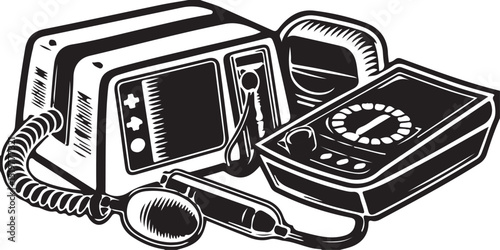 A vector illustration of a retro film camera, an isolated black electronic device, an audio music player, and an electrical multimeter tool