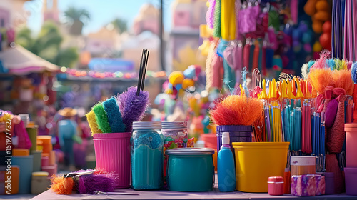 Colorful Cleaning Supplies Display At A Market