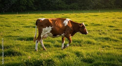 Serene cow, brown white animal, walking through sunlit green grass field. Peaceful livestock creature enjoys rural farm nature, grazing calmly in pasture