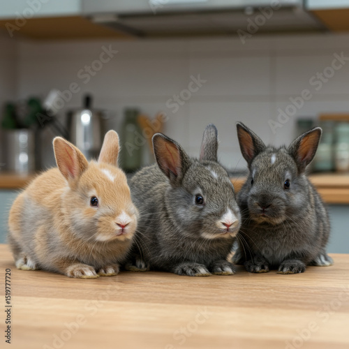 Three adorable young bunny pet rabbit, one brown and two gray, sit attentively on wooden kitchen counter, their cute, curious expressions radiating innocence and charm indoors