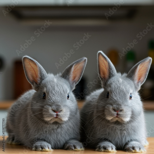 Two young grey baby rabbit bunny, charming pet animal pair, sit alert curious on wooden surface. Small fluffy creatures look adorable indoors with attentive ears and innocent eyes
