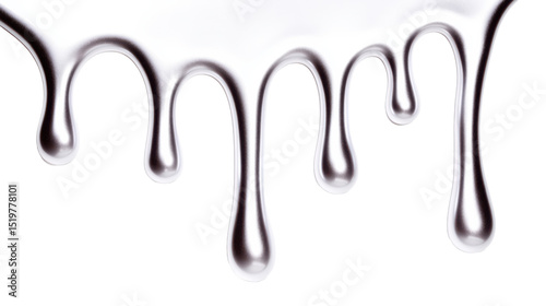 Chrome metallic paint dripping from top on white background with smooth glossy texture and fluid shapes. Abstract macro detail for futuristic digital artwork.