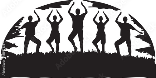 Dynamic silhouette of people dancing with music and fun, illustrating the evolution of human body in sport and art as a vector illustration