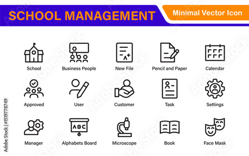 School Administration Icon Set – Modern Outline Line Vector Illustrations for Classroom, Timetable, Attendance, and Education Management Systems