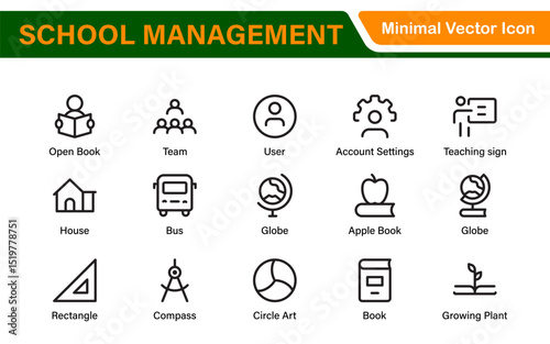 School Administration Icon Set – Modern Outline Line Vector Illustrations for Classroom, Timetable, Attendance, and Education Management Systems