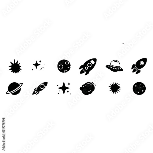 very simple space icons vector art, black spaceship planets and stars