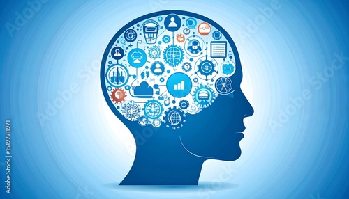 Artificial Intelligence LinkedIn concept. Digital illustration of a brain with various icons symbolizing ideas.