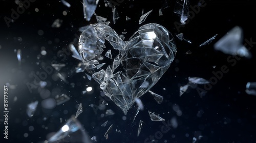 Broken glass heart suspended in space, sharp shards flying in slow motion, dark environment with volumetric lighting, conceptual love loss art