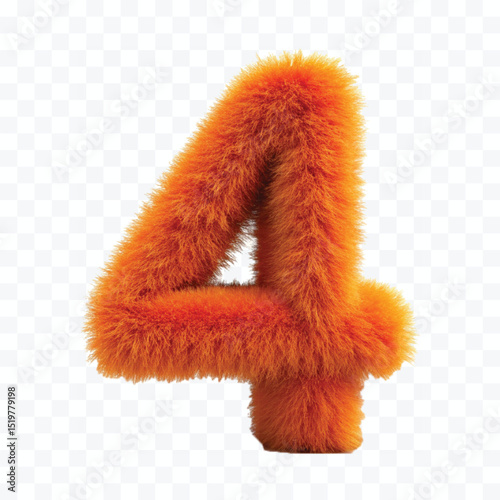 abstract 3d hairy fluffy digit  number 4 in different color style isolated on transparent background