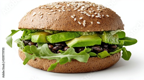Vegetarian black bean burger with avocado and a whole wheat bun, isolated on a white background.