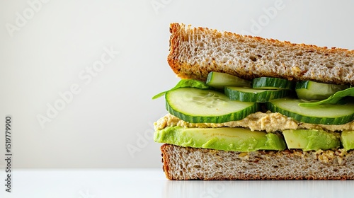 Veggie sandwich with avocado, cucumber, and hummus on multigrain bread, placed on a plain white table with plenty of negative space