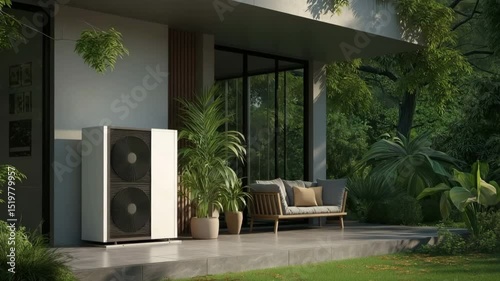 A modern heat pump is situated next to a modern house in a lush yard.