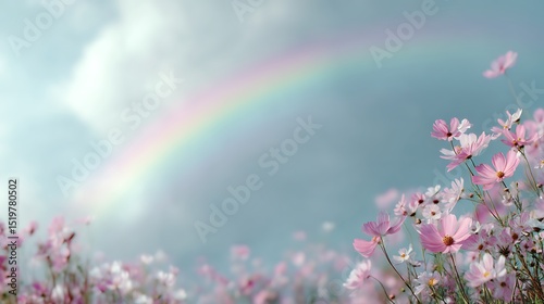 虹のかかる空とコスモス畑の幻想的な光景