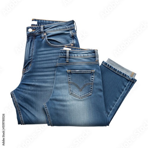 Two pairs of blue jeans, one laid flat and one folded, with a transparent background
