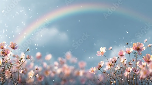 虹のかかる空とコスモス畑の幻想的な光景